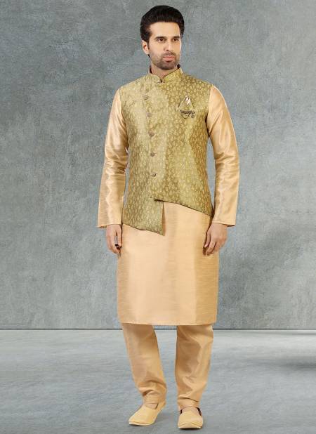 Green New Festive Wear Jacquard Banarasi Silk Digital Print Kurta Pajama With Jacket Mens Collection 1066